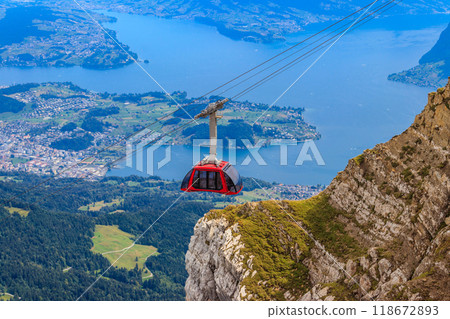 Overhead cable car to the top of Mount Pilatus in Canton Lucerne, Switzerland Overhead cable car to the top of Mount Pilatus in Canton Lucerne, Switzerland 118672893