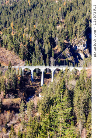 View of Landwasser Viaduct, Rhaetian railway, Graubunden in Switzerland 118672913