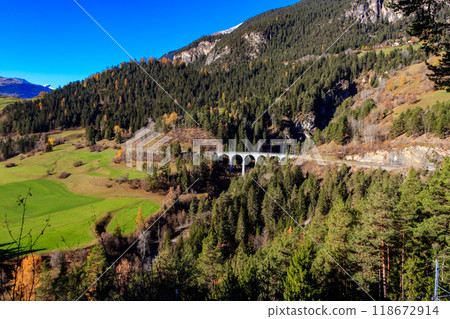 View of Landwasser Viaduct, Rhaetian railway, Graubunden in Switzerland View of Landwasser Viaduct, Rhaetian railway, Graubunden in Switzerland 118672914