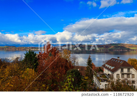 View of the Lake Murten at autumn from Murten city, Switzerland View of the Lake Murten at autumn from Murten city, Switzerland 118672920