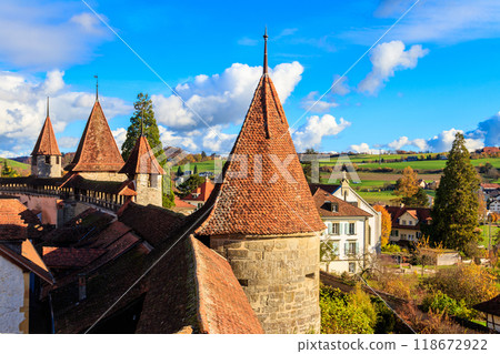 Aerial view of the old town of Murten city at autumn, Switzerland 118672922