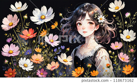 A girl surrounded by colorful cosmos flowers on a black background 118673162