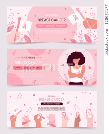 Breast cancer awareness banners with diverse community support. Vector illustrations 118673177