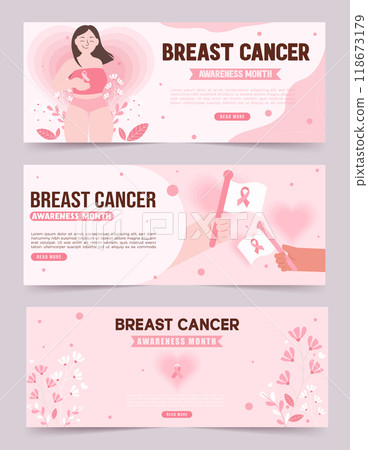 Breast cancer awareness month banners with supportive themes. Vector illustrations. Breast cancer awareness month banners with supportive themes. Vector illustrations. 118673179