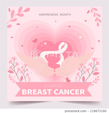 Hands holding heart with ribbon for breast cancer awareness. Vector illustration Hands holding heart with ribbon for breast cancer awareness. Vector illustration 118673180