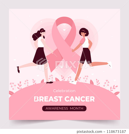 Two women celebrating breast cancer awareness month. Vector illustrations. 118673187
