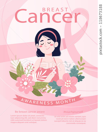 Breast cancer awareness month poster with confident woman. Vector illustrations. Breast cancer awareness month poster with confident woman. Vector illustrations. 118673188