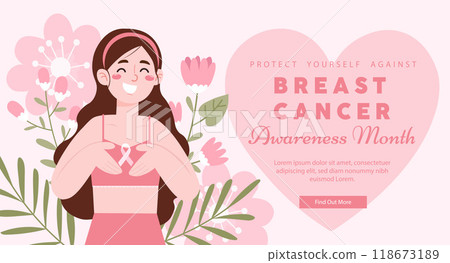 Breast cancer awareness month poster with smiling woman. Vector illustrations. 118673189
