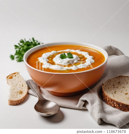 cream soup with croutons and croutons 118673678