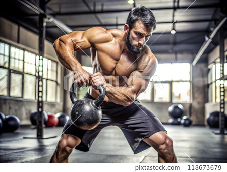 shirtless muscular man exercising with kettlebell shirtless muscular man exercising with kettlebell 118673679
