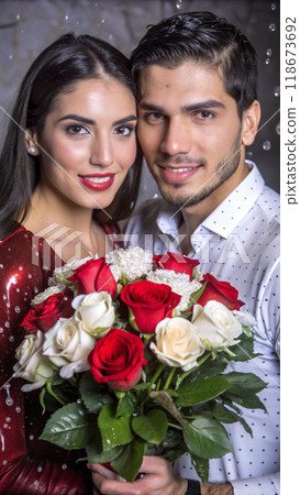 composite image of happy couple holding a bouquet composite image of happy couple holding a bouquet 118673692