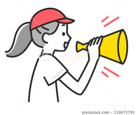一個穿著運動服的女孩用擴音器歡呼的插圖 118673795