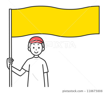 一個穿著體操服、舉著旗幟的男孩的插圖 118673808