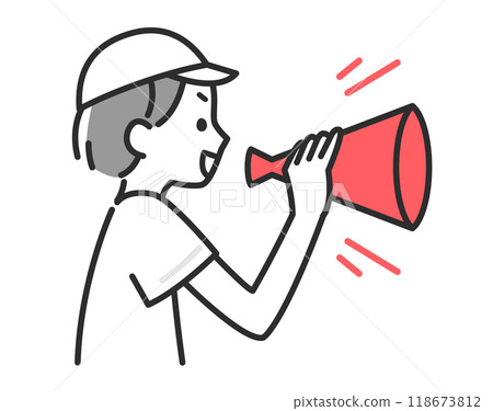 Illustration of a boy in gym clothes cheering with a megaphone Illustration of a boy in gym clothes cheering with a megaphone 118673812