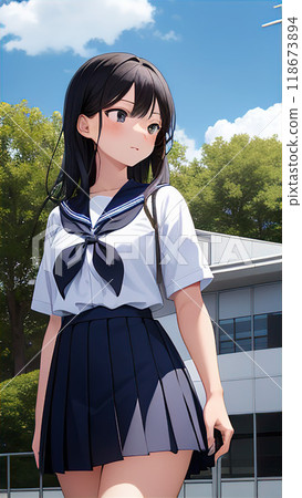 A high school girl in a refreshing uniform under a blue sky [AI-generated image] 118673894