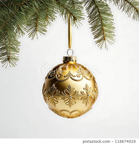 Golden Christmas ornament hanging from a fir branch on a white background. Christmas decoration and holiday concept for greeting cards and invitations. 118674028