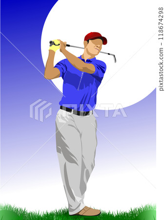 Golf club background with golfer man image. Vector 3d hand drawn illustration 118674298