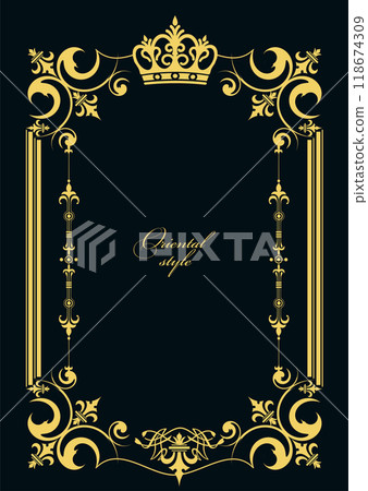 Gold ornament on dark background. Can be used as invitation card. Book cover. Vector illustration. Hand drawn Illustration 118674309