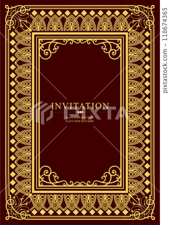 Gold ornament on dark background. Can be used as invitation card. Book cover. Vector illustration. Hand drawn Illustration 118674365