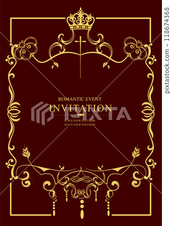 Gold ornament on dark background. Can be used as invitation card. Book cover. Vector illustration. Hand drawn Illustration 118674368