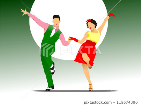 Lindy hop or rock-n-roll dance. Dance for rock-n-roll music. 3d vector hand drawn illustration 118674390