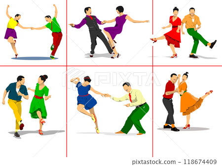Lindy hop or rock-n-roll dance. Dance for rock-n-roll music. 3d vector hand drawn illustration Lindy hop or rock-n-roll dance. Dance for rock-n-roll music. 3d vector hand drawn illustration 118674409