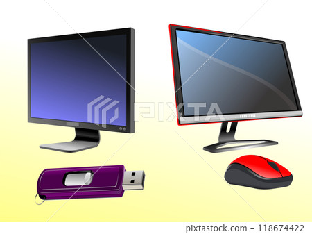 Flat computer monitor. Display. Mouse and disk on key. Hand drawn Vector illustration 118674422