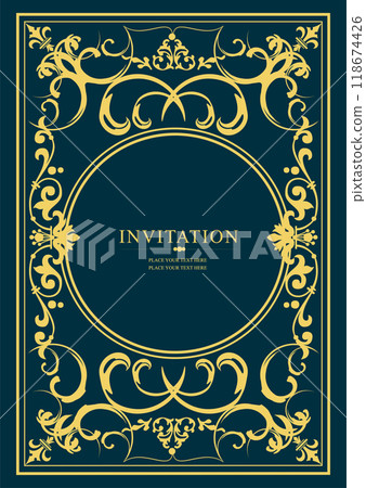 Gold ornament on dark background. Can be used as invitation card. Book cover. Vector illustration. Hand drawn Illustration Gold ornament on dark background. Can be used as invitation card. Book cover. Vector illustration. Hand drawn Illustration 118674426