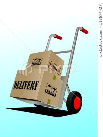 Carton box and delivery unit. Colored vector hand drawn illustration Carton box and delivery unit. Colored vector hand drawn illustration 118674427