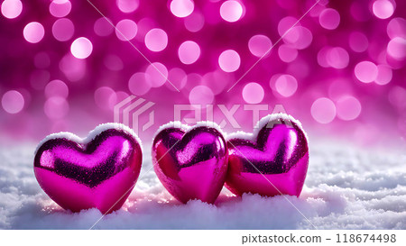 Three pink glitter hearts in snow with bokeh lights. Valentine's Day greeting card background. Romantic holiday theme for winter love and celebration designs Three pink glitter hearts in snow with bokeh lights. Valentine's Day greeting card background. Romantic holiday theme for winter love and celebration designs 118674498