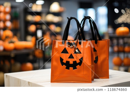 Ai generated Paper black shopping gift bag with flying bat and orange pumpkins on an orange background Ai generated Paper black shopping gift bag with flying bat and orange pumpkins on an orange background 118674860
