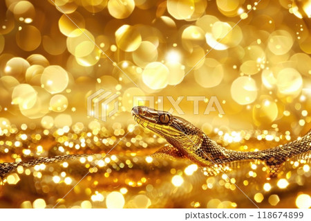 Ai generated Close up of snake on golden festive creative shiny background with blurred bokeh 118674899