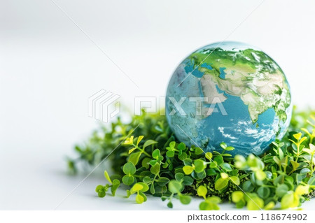 Ai generated Planet earth with green leaf plant on a white background. 118674902