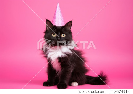 Ai generated Cute adorable black birthday cat in party hat sitting on background 118674914