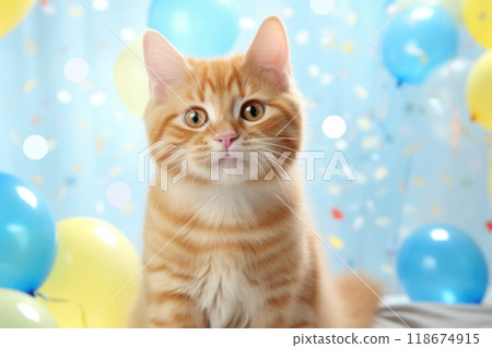 Ai generated Cute adorable birthday cat with balloons sitting on festive blue background. 118674915