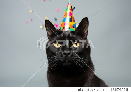 Ai generated Cute adorable black birthday cat in party hat sitting on background 118674916