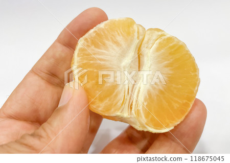 Freshly Peeled Tangerine.A close-up shot of a hand gently holding a half-peeled tangerine against a white background. 118675045