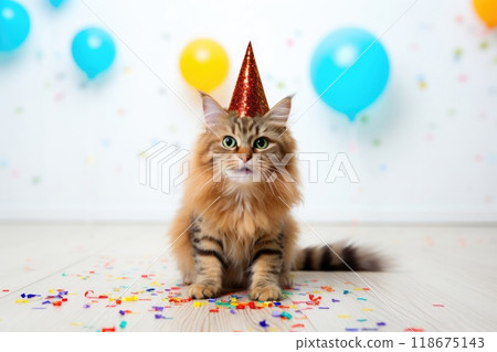 Ai generated Cute adorable birthday cat with confetti, balloons and in party hat 118675143