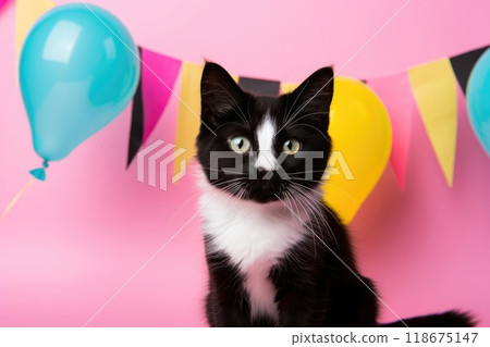 Ai generated Cute adorable birthday cat with balloons sitting on pink background. Ai generated Cute adorable birthday cat with balloons sitting on pink background. 118675147