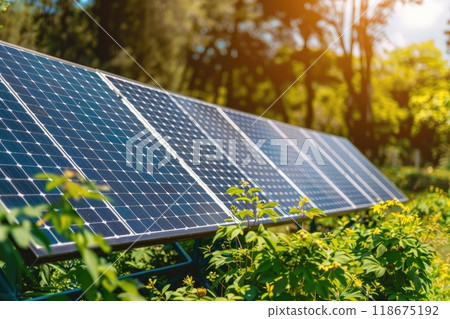 Ai generated Photovoltaic Solar panels farm on green grass to produce clean green energy. Ai generated Photovoltaic Solar panels farm on green grass to produce clean green energy. 118675192