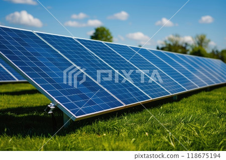 Ai generated Photovoltaic Solar panels farm on green grass  to produce clean green energy. 118675194
