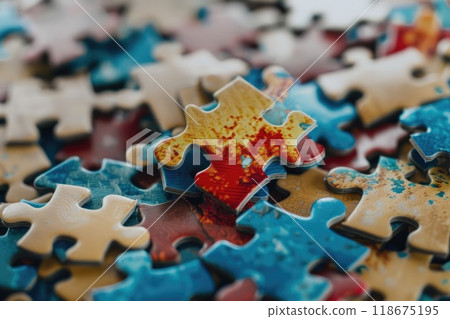 Ai generated Top view of colorful pieces of puzzle background, autism, mental health concept 118675195