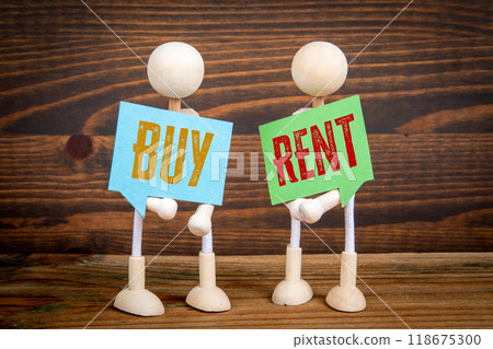 Buy or Rent. Two speech bubbles and miniature people on a wooden texture background 118675300