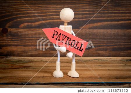 Payroll. Red pointing arrow with text. Miniature human figures Payroll. Red pointing arrow with text. Miniature human figures 118675320