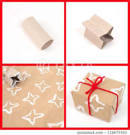 Decorative stamps tutorial with toilet paper roll, paint, and sheets of paper. Create unique wrapping paper or decorate greeting cards. DIY crafting project for personalized designs 118675503