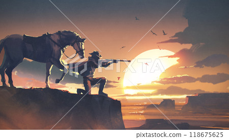 Cowboy Aiming Gun Beside Horse on Cliff Edge at Sunset 118675625