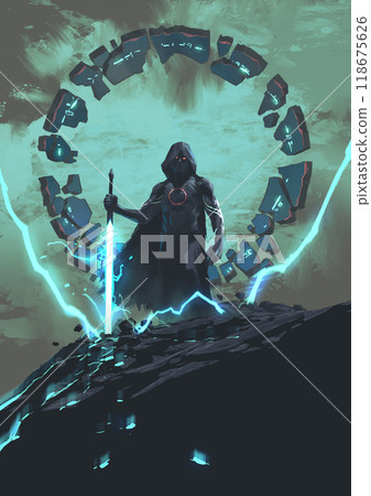 Black Knight of Darkness with Sword in Fantasy Realm 118675626