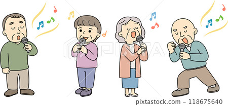 Set of seniors singing with a microphone Set of seniors singing with a microphone 118675640