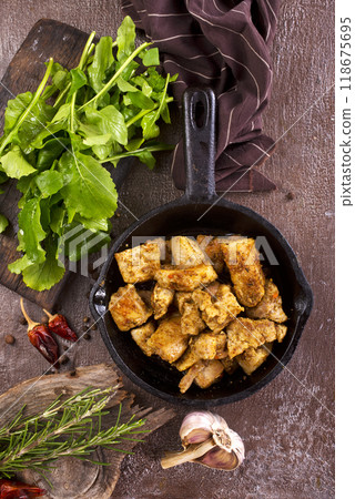 fried meat with spice in pan 118675695