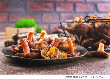 edible mushroom in metal bowl edible mushroom in metal bowl 118675700